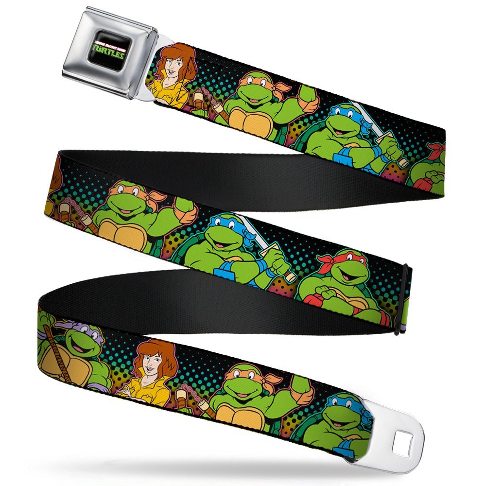 Buckle-Down Seatbelt Belt - Classic TMNT Logo2/Turtles & April Pose Halftone Multi Color/Black - 1.0" Wide - 20-36 Inches in Length