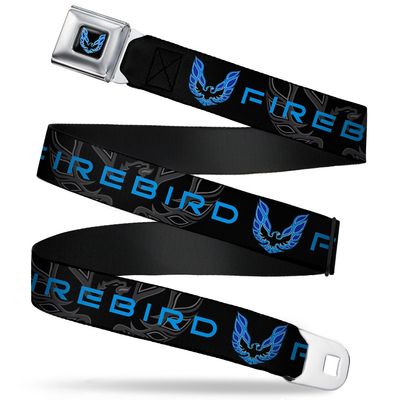 Buckle-Down Seatbelt Belt - Pontiac FIREBIRD/Logo Black/Grays/Blues - 1.0" Wide - 20-36 Inches in Length