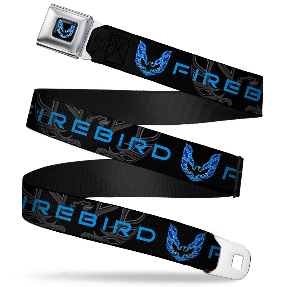Buckle-Down Seatbelt Belt - Pontiac FIREBIRD/Logo Black/Grays/Blues - 1.0" Wide - 20-36 Inches in Length