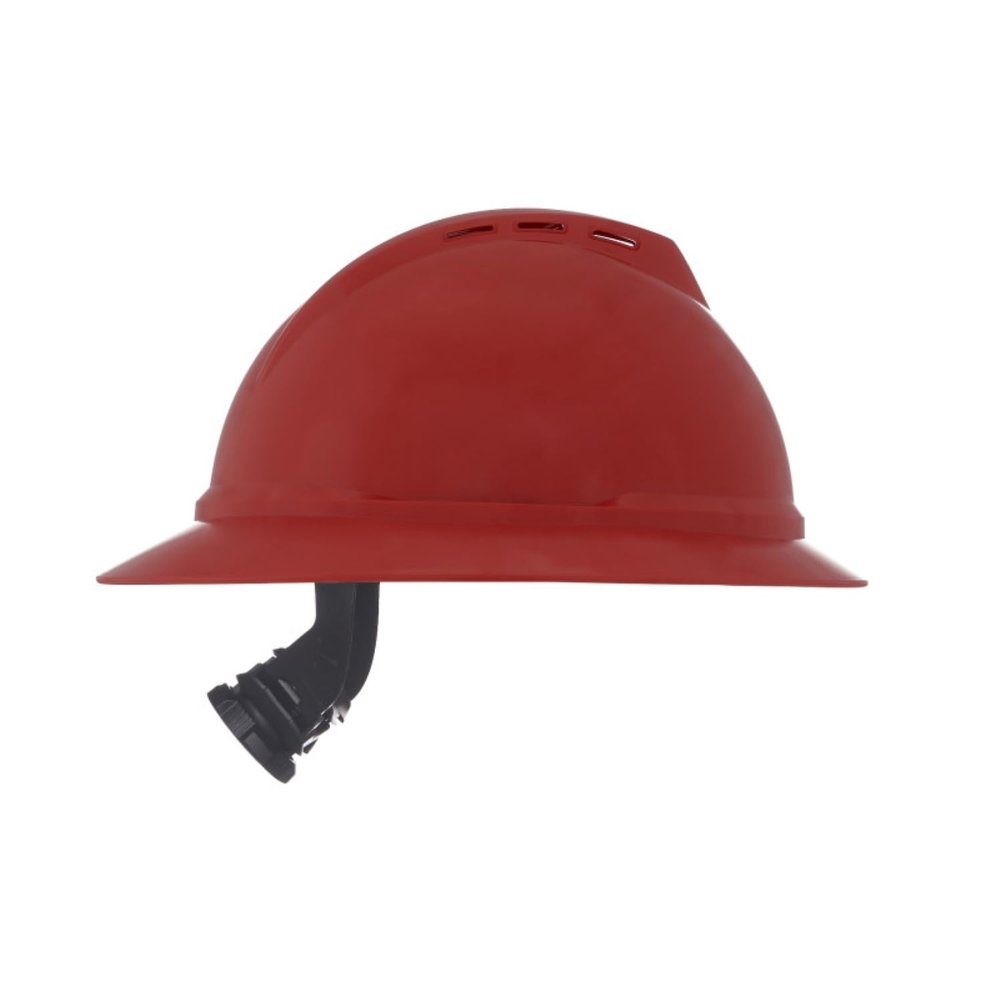 MSA 10167915 V-Gard 500 Full-Brim Hard Hat With Fas-Trac III Ratchet Suspension | Polyethylene Shell, Superior Impact Protection, Self Adjusting Crown Straps - Standard Size in Red