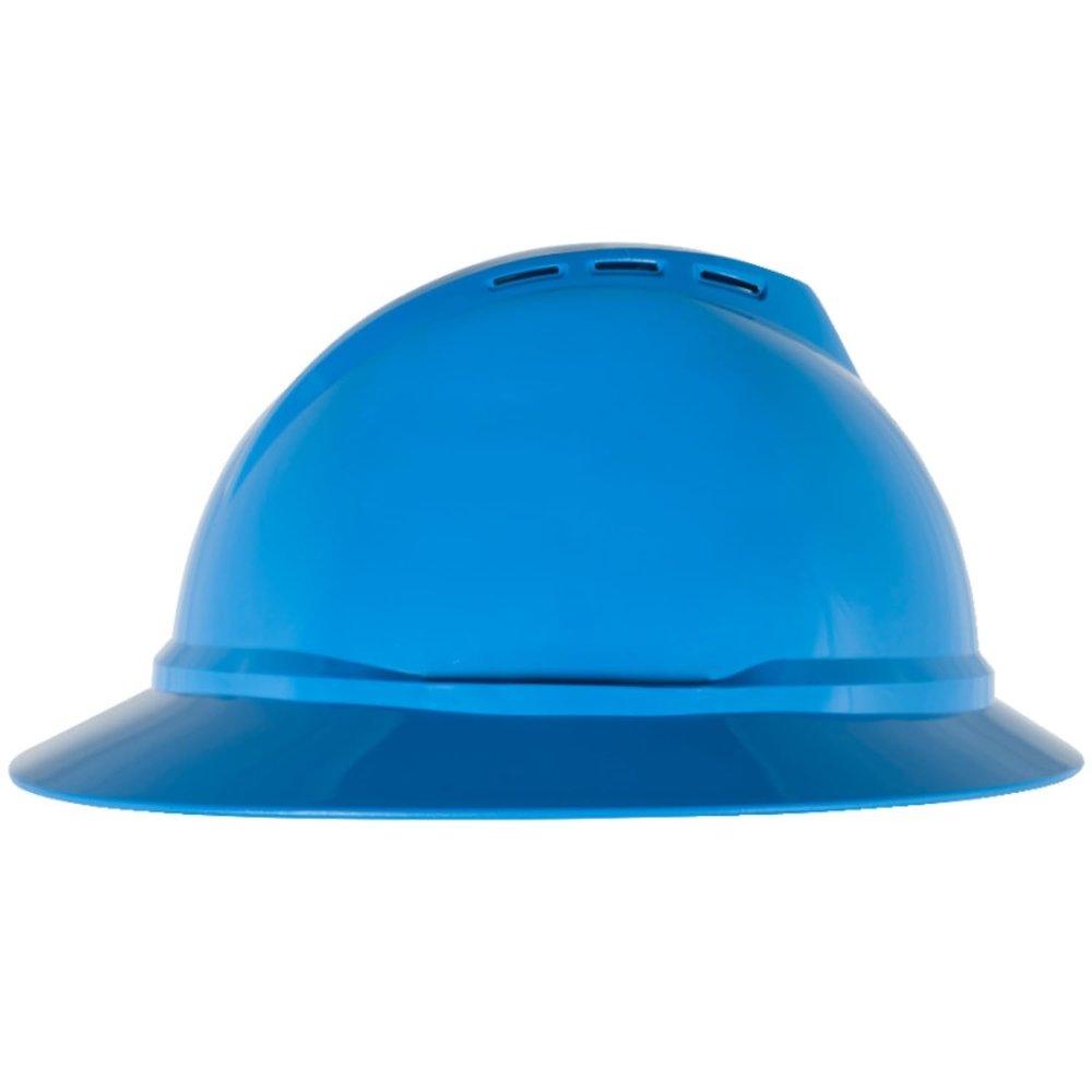 MSA 10167951 V-Gard 500 Full-Brim Hard Hat with 6-Point Fas-Trac III Ratchet Suspension | Polyethylene Shell, Superior Impact Protection, Self Adjusting Crown Straps - Standard Size in Blue