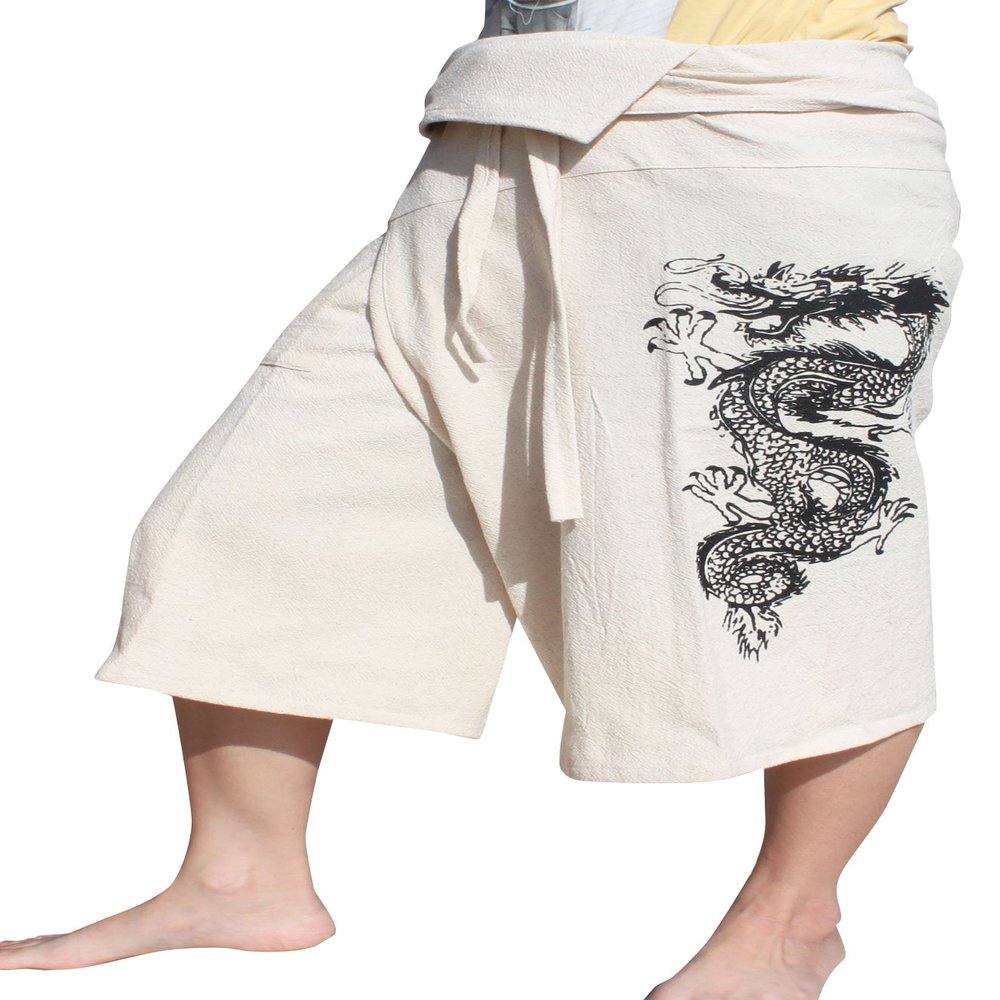 RaanPahMuang Cotton Fisherman Capri Wrap Shorts Tattoo Dragon Print, Medium, Cream