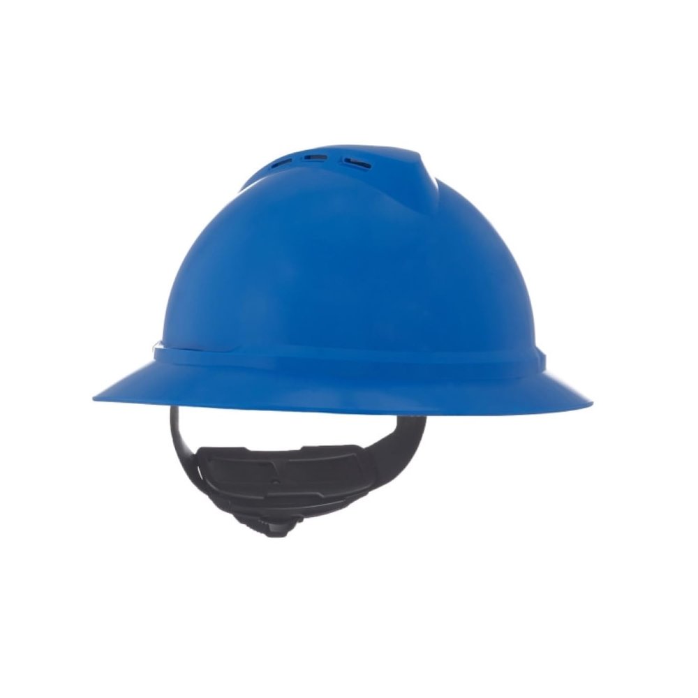 MSA 10167912 V-Gard 500 Full-Brim Hard Hat With Fas-Trac III Ratchet Suspension | Polyethylene Shell, Superior Impact Protection, Self Adjusting Crown Straps - Standard Size in Blue