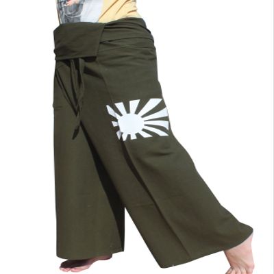 RaanPahMuang Warm Cotton Fisherman Wrap Pants Printed Dragon Column, Medium-Large, Japan Sun Print - Dark Green