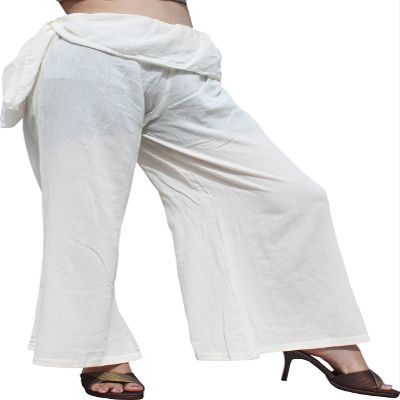 RaanPahMuang Wild Light Cotton Thai Pirates Pants Hip Tied, Medium, Cream