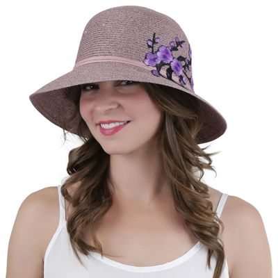 ToBeInStyle Women's Shimmery Flower Branch Folded Brim Summer Hat - Dark Pink