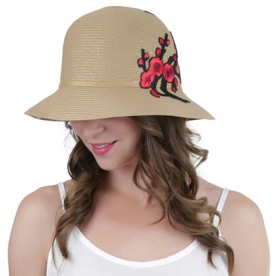 ToBeInStyle Women's Shimmery Flower Branch Folded Brim Summer Hat - L Brown