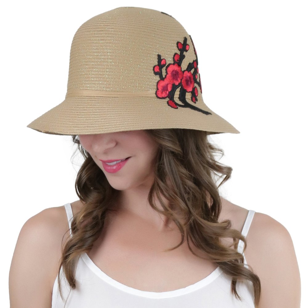 ToBeInStyle Women's Shimmery Flower Branch Folded Brim Summer Hat - L Brown