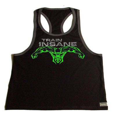 Crazee Wear Fitted Black with Grey Trim Bodybuilder Tank Top with Neon Green Train Insane