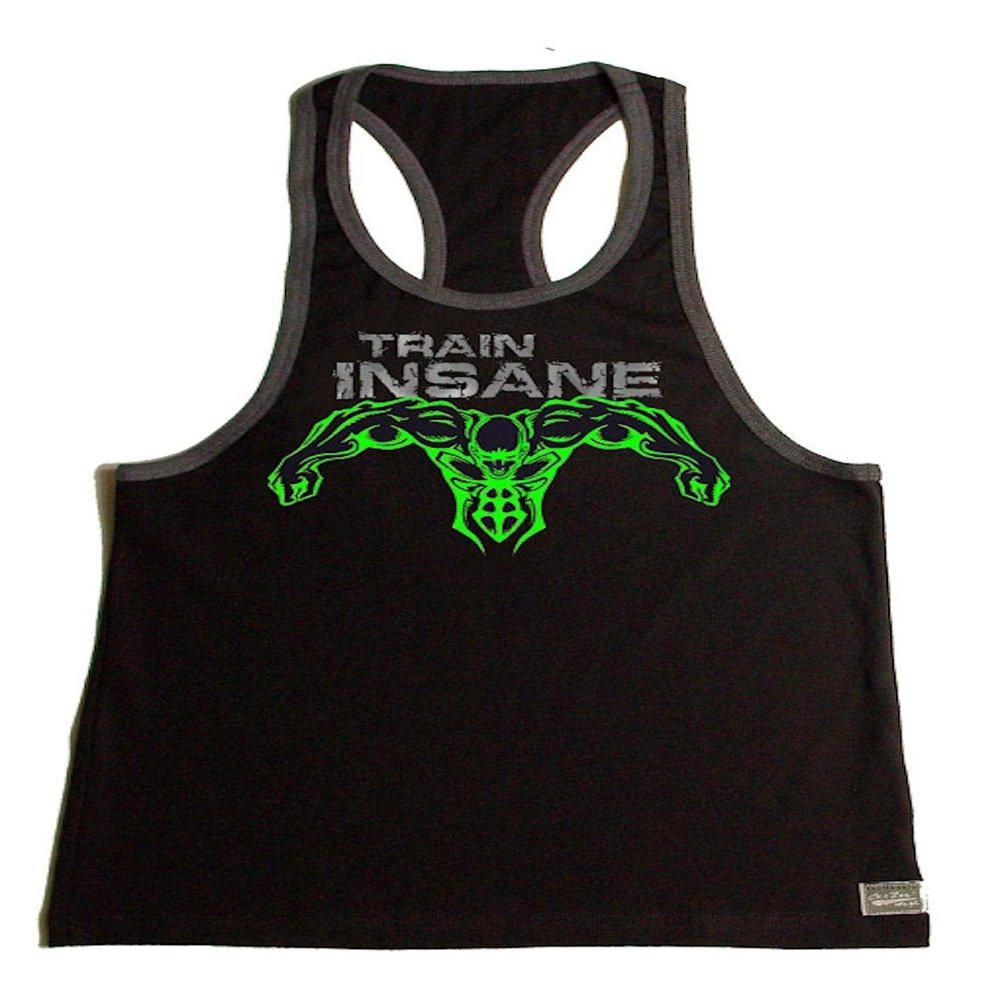 Crazee Wear Fitted Black with Grey Trim Bodybuilder Tank Top with Neon Green Train Insane