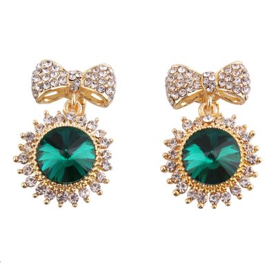 Large Austrian Crystal Clip on Earirngs Without Piercing for Women Charm Bowknot Rhinestone Earrings (Gold green)