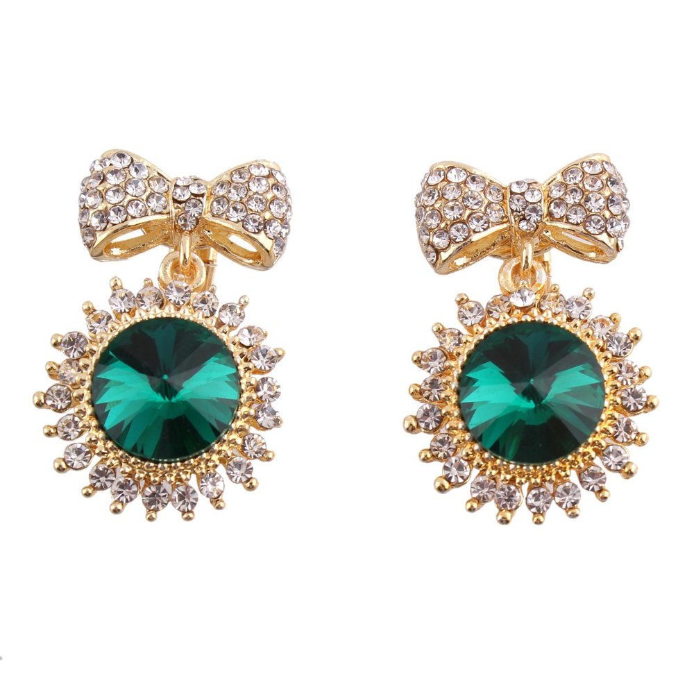 Large Austrian Crystal Clip on Earirngs Without Piercing for Women Charm Bowknot Rhinestone Earrings (Gold green)