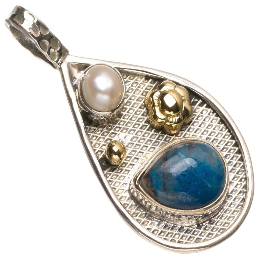 StarGems Natural Two Tones Navy Sodalite and River Pearl 925 Sterling Silver Pendant 1 1/2" T1157