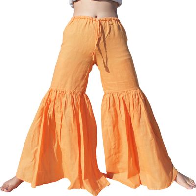 RaanPahMuang Brand Wide Lower Leg Flared Light Cotton Stepped Pants Baggy Cut, Large, Amber Orange
