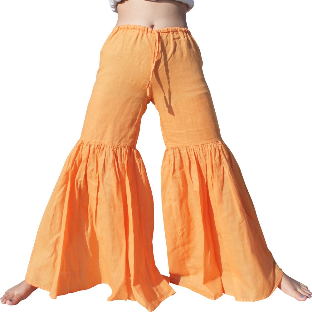 RaanPahMuang Brand Wide Lower Leg Flared Light Cotton Stepped Pants Baggy Cut, Large, Amber Orange