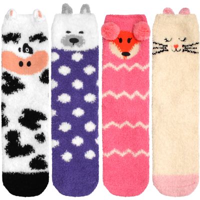 BambooMN Super Soft Warm Cute Animal Non-Slip Fuzzy Crew Winter Socks - 4 Pairs - Assortment E