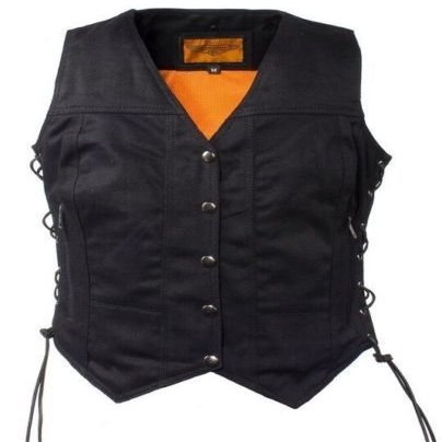 Ladies Motorcycle Black Denim Vest W/ 7 Pocket,Gun Pockets & Single Back Panel(4XL)