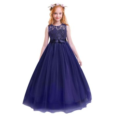 Little Big Girls Vintage Floral Lace Sleeveless Floor Length Dress Long Bridesmaid Wedding Party Dress First Communion A Line Evening Formal Prom Pegeant Maxi Tulle Dance Ball Gown Deep Blue 6-7