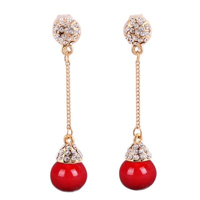 Grace Jun Gold Plated Full Rhinestone Long Tassel Drop Clip on Earrings Without Piercing for Women Cuff Earings (ear clip red)