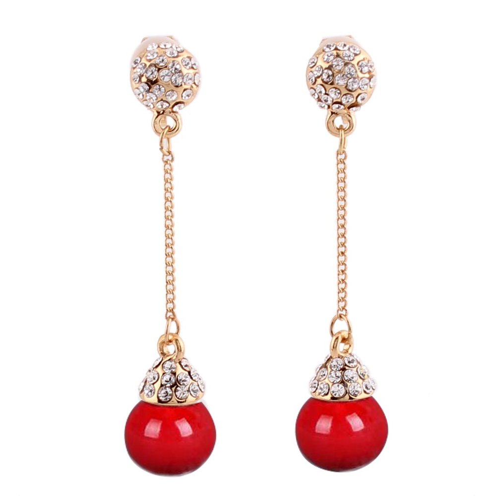 Grace Jun Gold Plated Full Rhinestone Long Tassel Drop Clip on Earrings Without Piercing for Women Cuff Earings (ear clip red)
