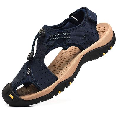 rismart Men's Closed Toe Walking Fastening Trekking Sport Shoes Suede Leather Sandals SN1505(Navy Blue,11.5 M US)