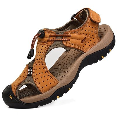 rismart Men's Closed Toe Hiking Sandals Adjustable Hook & Loop Straps Suede Leather Outdoor Trekking Shoes for Summer Walking (Tan, 7)