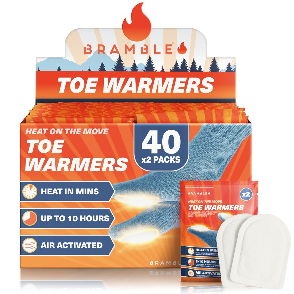 Bramble 80 Adhesive Toe Warmers for Feet (40 Pairs) | Long-Lasting Foot Warmers with Up to 10 Hours of Heat | Heat Pack Disposable Feet Warmers, Foot Warmer for Cold Weather & Outdoor Activities