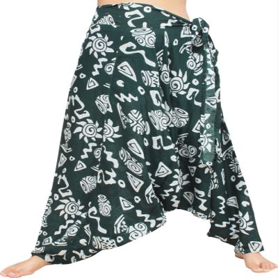 RaanPahMuang Mixed Art Baggy Side Tie Mao Hmong Hill Tribe Harem Pants, Medium, Geometric - Dark Green