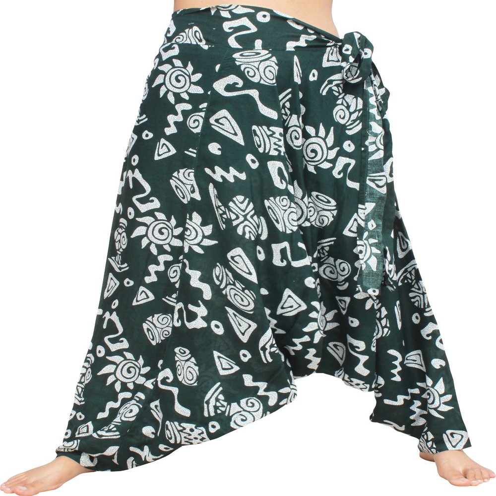 RaanPahMuang Mixed Art Baggy Side Tie Mao Hmong Hill Tribe Harem Pants, Medium, Geometric - Dark Green