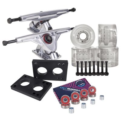 Cal 7 Longboard Skateboard Combo Package with 70mm Wheels & 180mm Lightweight Aluminum Trucks, Bearings Complete Set & Steel Hardware (Silver Truck + Transparent Clear Wheels)