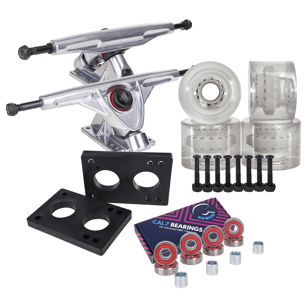 Cal 7 Longboard Skateboard Combo Package with 70mm Wheels & 180mm Lightweight Aluminum Trucks, Bearings Complete Set & Steel Hardware (Silver Truck + Transparent Clear Wheels)