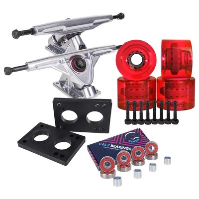 Cal 7 Longboard Skateboard Combo Package with 70mm Wheels & 180mm Lightweight Aluminum Trucks, Bearings Complete Set & Steel Hardware (Silver Truck + Transparent Red Wheels)
