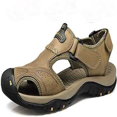 Asifn Athletic Slides Sandals Sports Men Breathable Leather Outdoor Leisure Non-Slip Beach Shoes Slippers Hiking Fisherman Yellow(12.5 M US,29.5 cm Heel to Toe