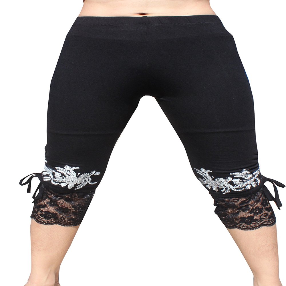 Full Funk Ladies Little Legging Pants with Lace Trim Nature Print, Medium, Black Flower