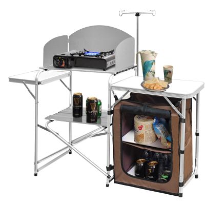 CampLand Folding Camping Kitchen Table with Windscreen,Portable Outdoor Cooking Station with Storage Cabinet & Side Tables Heavy Duty Camp Cook Station for Camping & BBQWhite