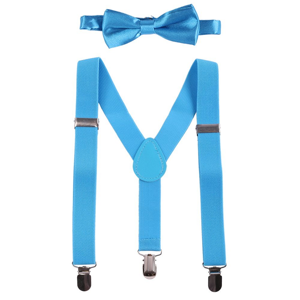 IBTOM CASTLE Kids Baby Y Back Adjustable Elastic Suspender Strong Clip-on Braces Bow Tie Set for Boys & Girls Sky Blue One Size
