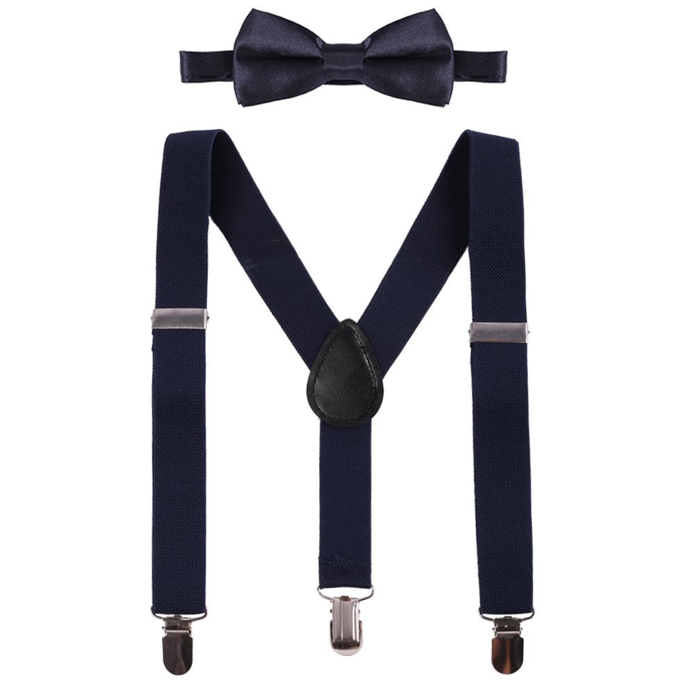 IBTOM CASTLE Kids Baby Y Back Adjustable Elastic Suspender Strong Clip-on Braces Bow Tie Set for Boys & Girls Navy One Size
