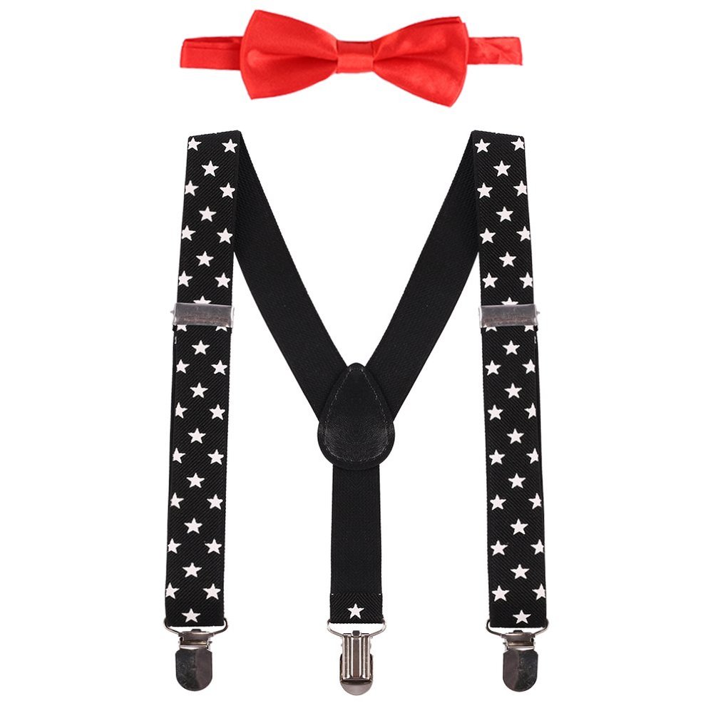 IBTOM CASTLE Kids Baby Y Back Adjustable Elastic Suspender Strong Clip-on Braces Bow Tie Set for Boys & Girls Black & White Star One Size