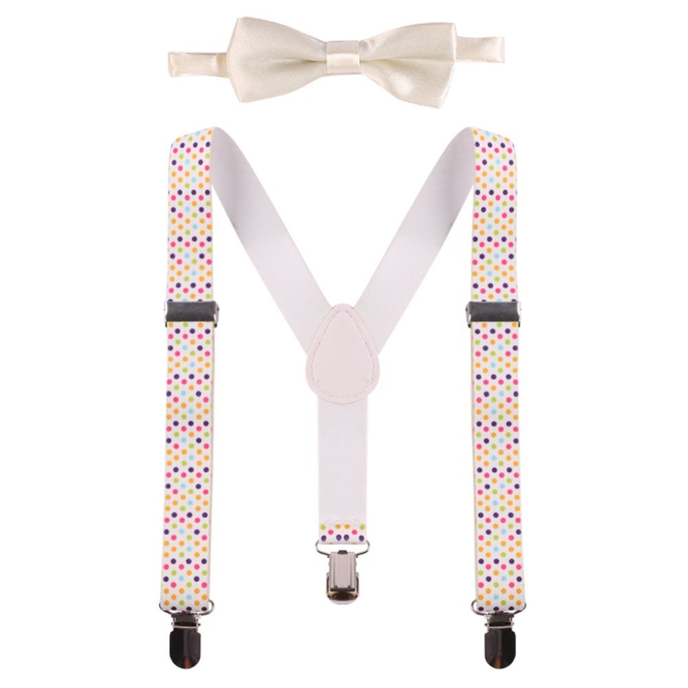 IBTOM CASTLE Kids Baby Y Back Adjustable Elastic Suspender Strong Clip-on Braces Bow Tie Set for Boys & Girls Multicolor Polka Dots One Size