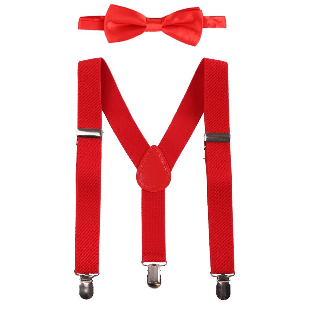 IBTOM CASTLE Kids Baby Y Back Adjustable Elastic Suspender Strong Clip-on Braces Bow Tie Set for Boys & Girls Red One Size