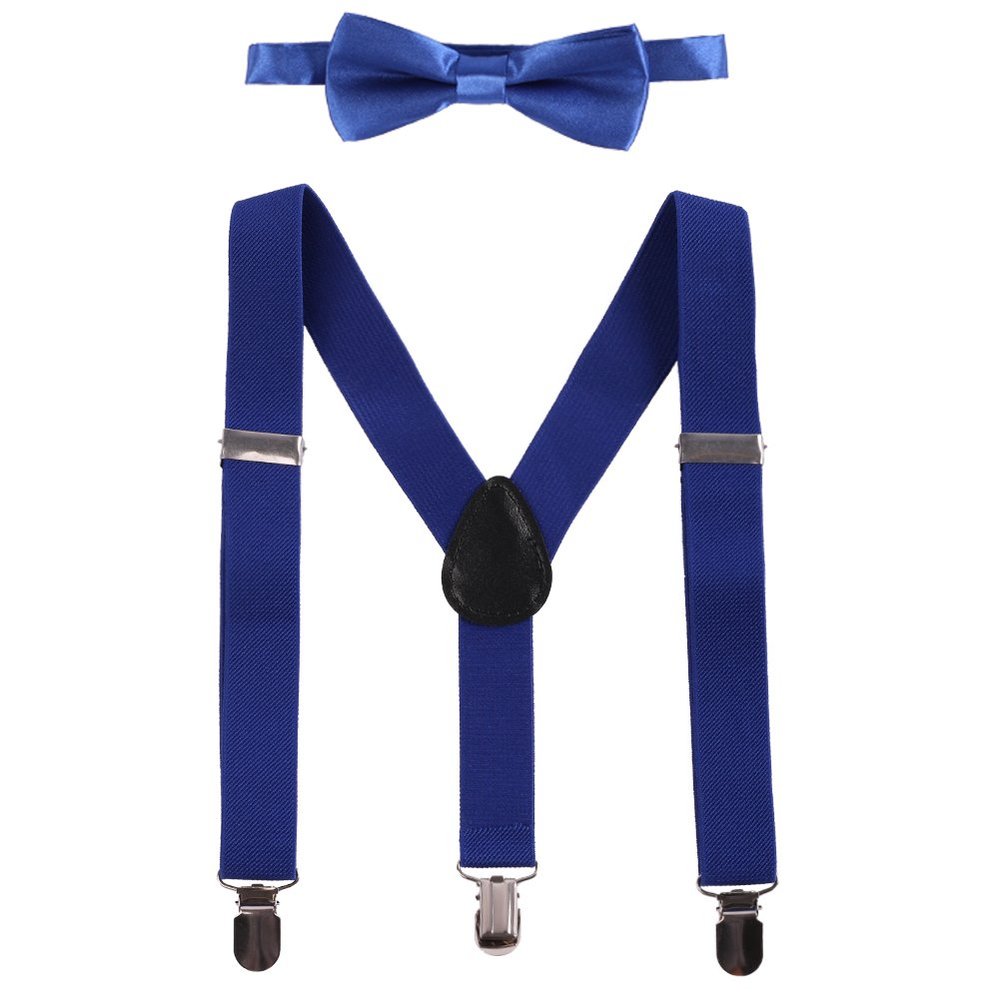 IBTOM CASTLE Kids Baby Y Back Adjustable Elastic Suspender Strong Clip-on Braces Bow Tie Set for Boys & Girls Royal Blue One Size