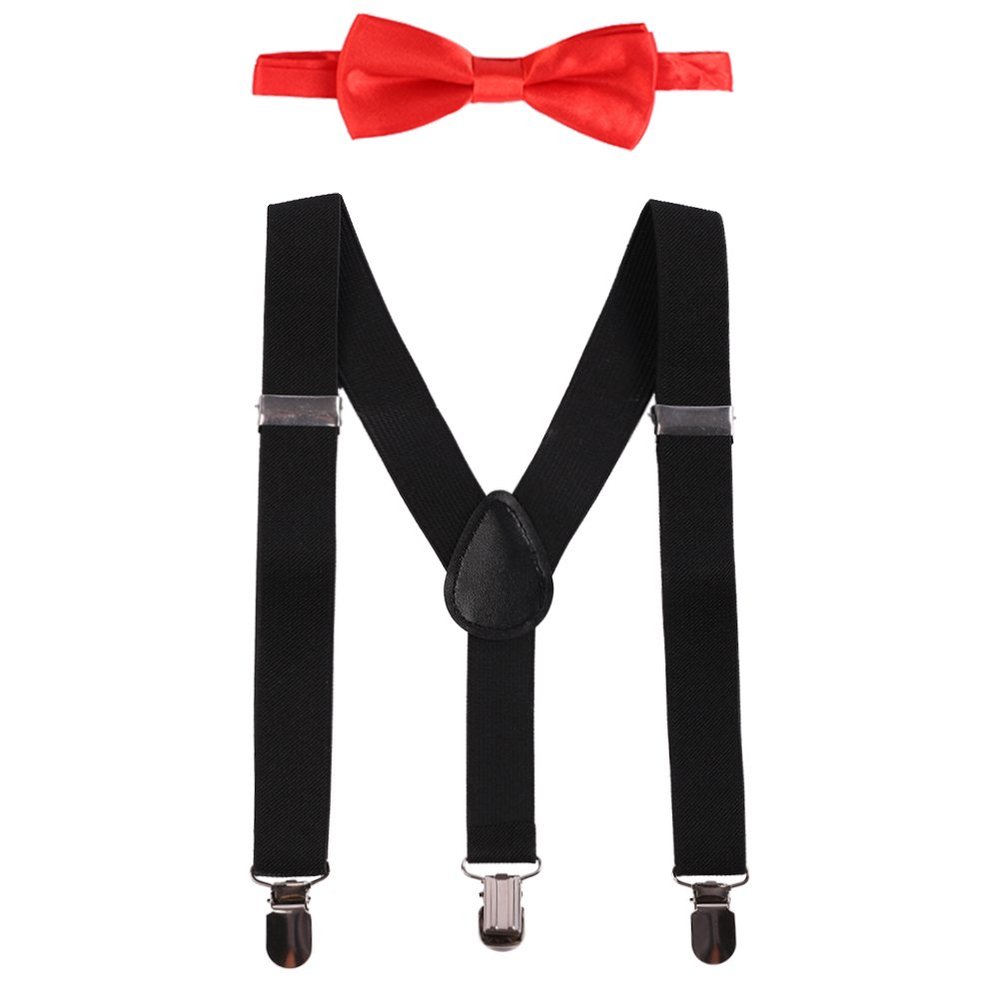 IBTOM CASTLE Kids Baby Y Back Adjustable Elastic Suspender Strong Clip-on Braces Bow Tie Set for Boys & Girls Black&Red One Size