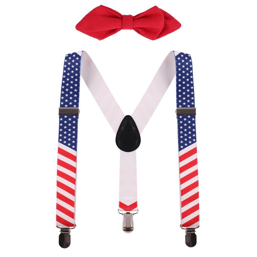 IBTOM CASTLE Kids Baby Y Back Adjustable Elastic Suspender Strong Clip-on Braces Bow Tie Set for Boys & Girls Striped Flag One Size