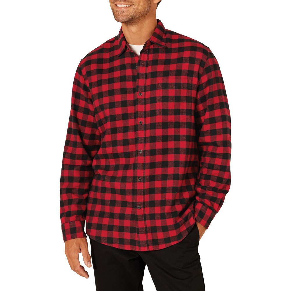 Amazon Essentials Men's Long-Sleeve Flannel Shirt, Black Red Buffalo Plaid, Small