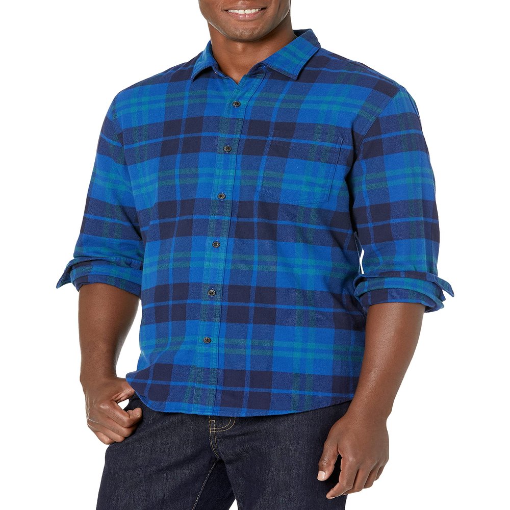 Amazon Essentials Men's Long-Sleeve Flannel Shirt, Black Blue Plaid, XX-Large