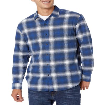 Amazon Essentials Men's Long-Sleeve Flannel Shirt, Blue White Large Plaid, Small