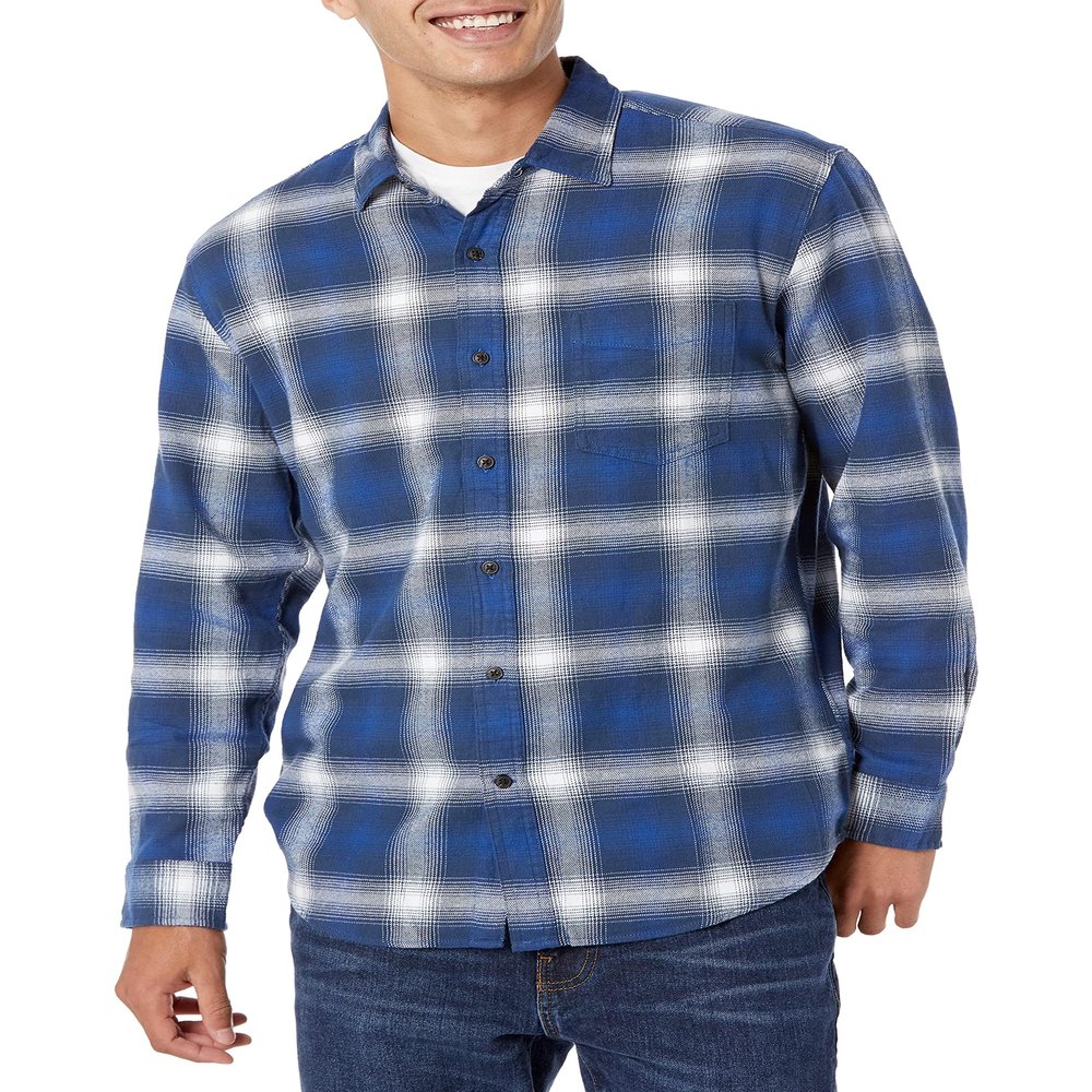 Amazon Essentials Men's Long-Sleeve Flannel Shirt, Blue White Large Plaid, Small