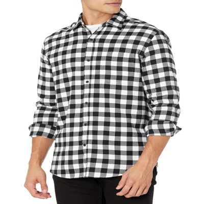 Amazon Essentials Men's Long-Sleeve Flannel Shirt, Black Buffalo Plaid, X-Small