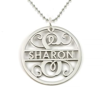 AJ's Collection Sterling Silver Fancy Round Initial and Name Necklace. Choice of 925, 14k Gold Plate, or Rose Gold Plate Over Sterling Silver