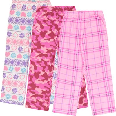 Mad Dog Girl's Pajama Pants - 2/3 Pack, Soft Micro Fleece Fashion Sleepwear Lounge. Sizes: 6-16, 3 Pack, 8, Pink Camo/Hearts/Plaid